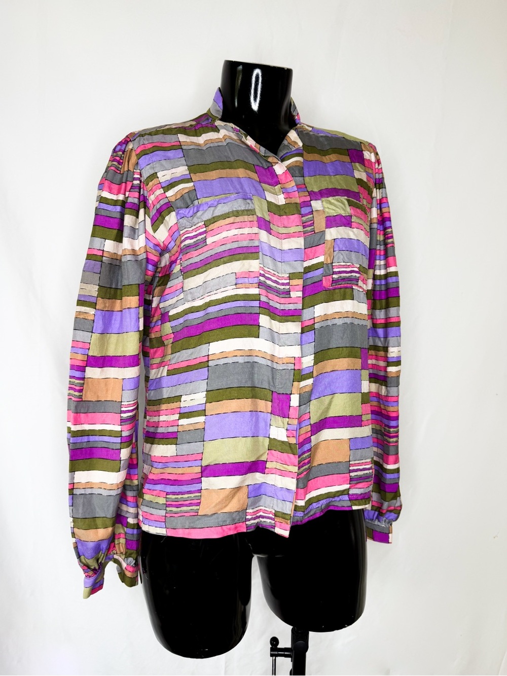 100% Silk Vintage Colorblock Stripe Button-Front Blouse in Purple, Olive & Pink